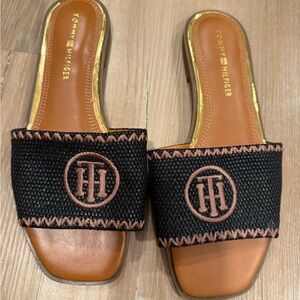 Tommy Hilfiger Black and Brown Woven Sandals